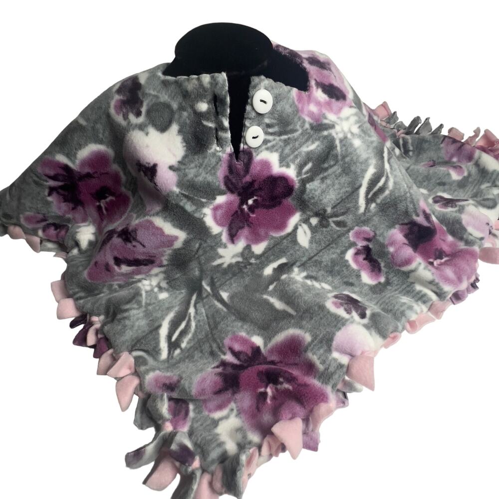 Baby Poncho Blanket Wrap Soft Gray with Purple Pink Flowered Violets Handmade
